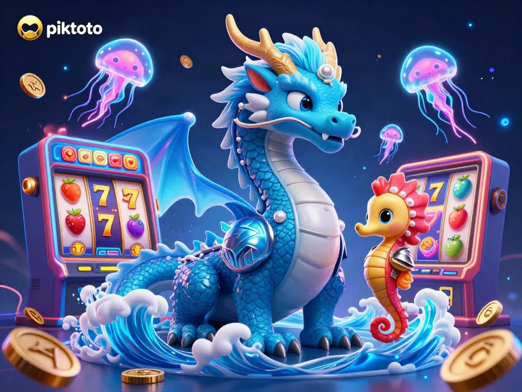 Join the piktoto adventure with an azure water dragon, slot machines, and vibrant gaming elements.