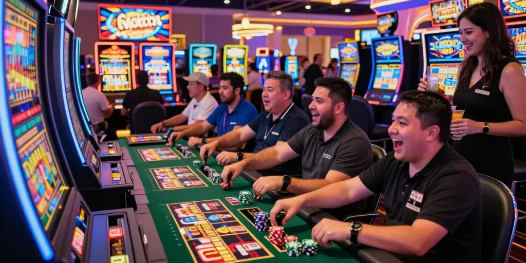 Players enjoying a lively slot gacor machine experience in a vibrant casino setting.