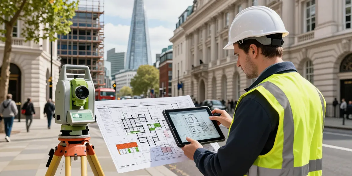 Measured building surveys London with surveyor using digital tablet and equipment in urban setting.