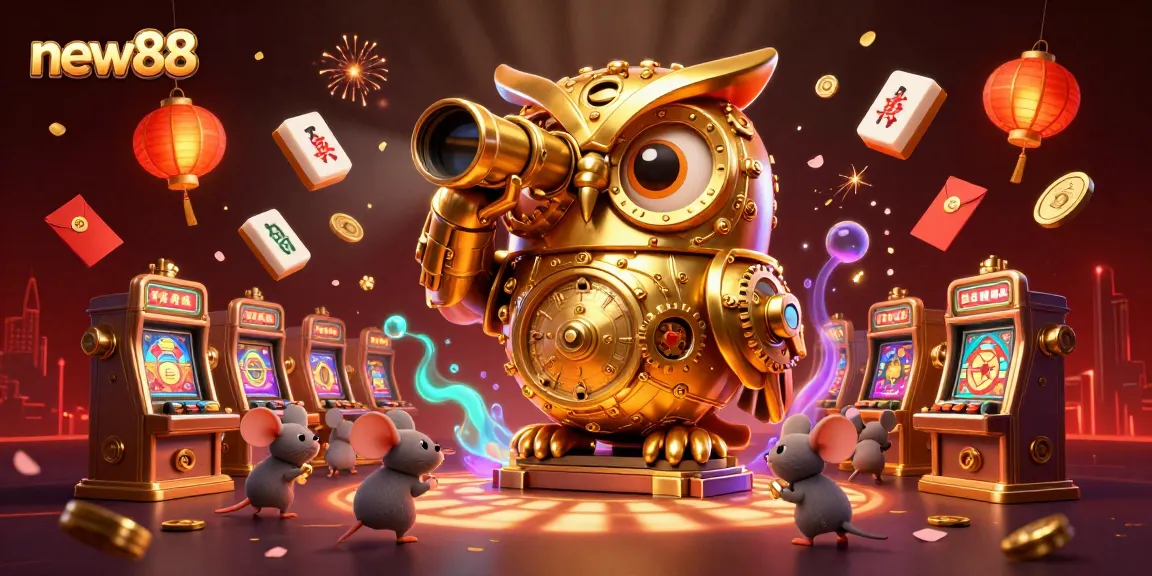 new88 symbolizes security in gaming with a golden owl surveying vibrant casino action