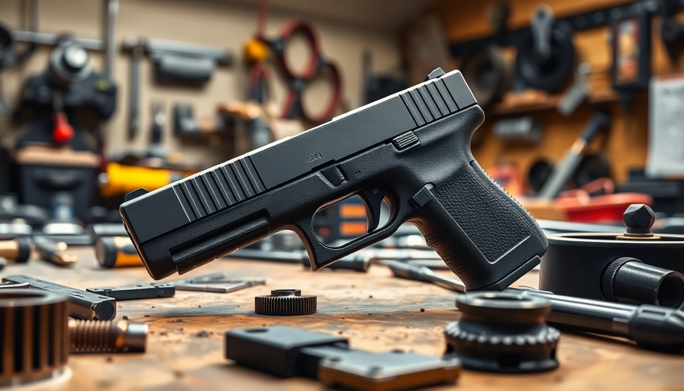 Examine the glock 19 oem slide in a detailed workshop setting, reflecting quality craftsmanship.