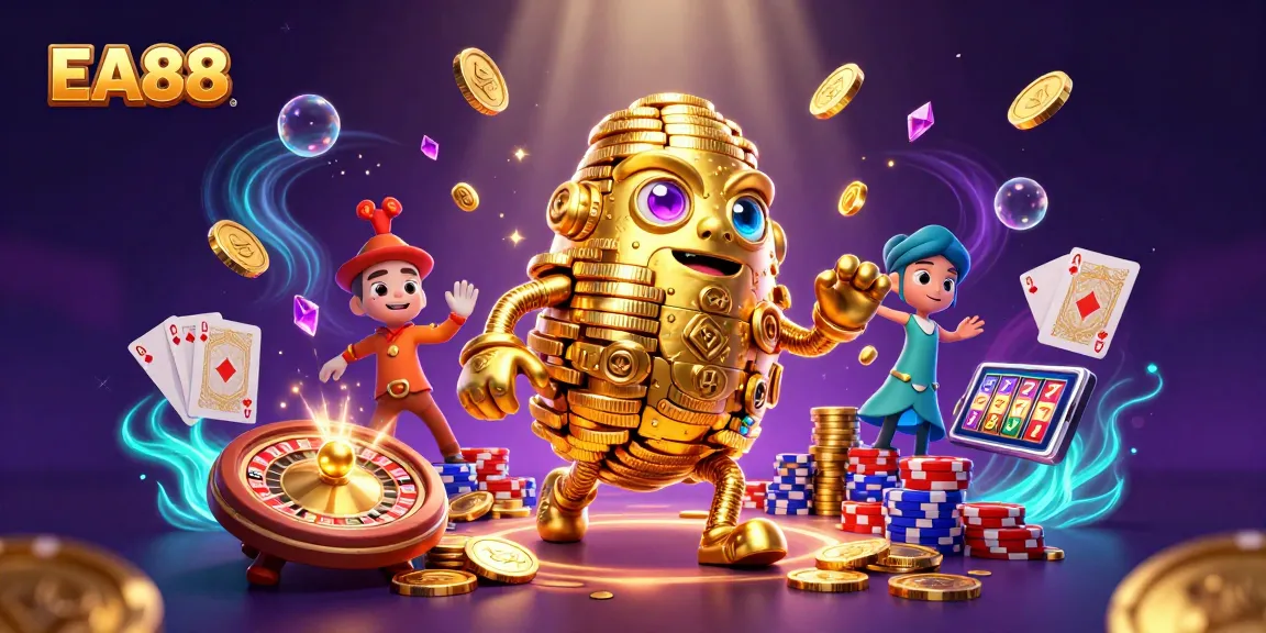 Engage in thrilling gameplay at EA88 with a golden golem and casino elements in dynamic action.