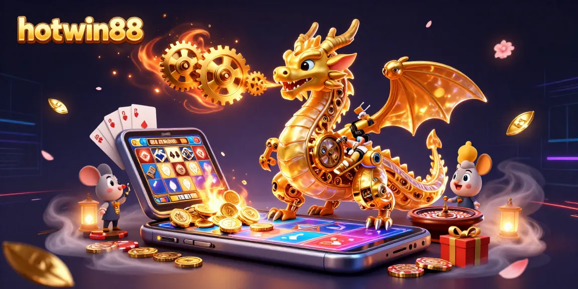 Experience the excitement of hotwin88 with a golden dragon and slot game elements in a vibrant 3D scene.