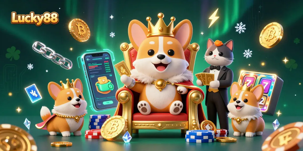 Lucky88 showcases a royal corgi on a throne amid vibrant slot reels and crypto coins.