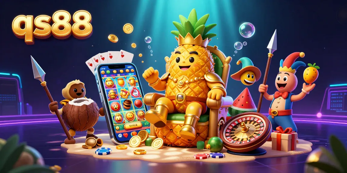 Play slots at qs88 with dynamic characters in a vibrant beach casino scene, featuring golden coins and festive game elements.