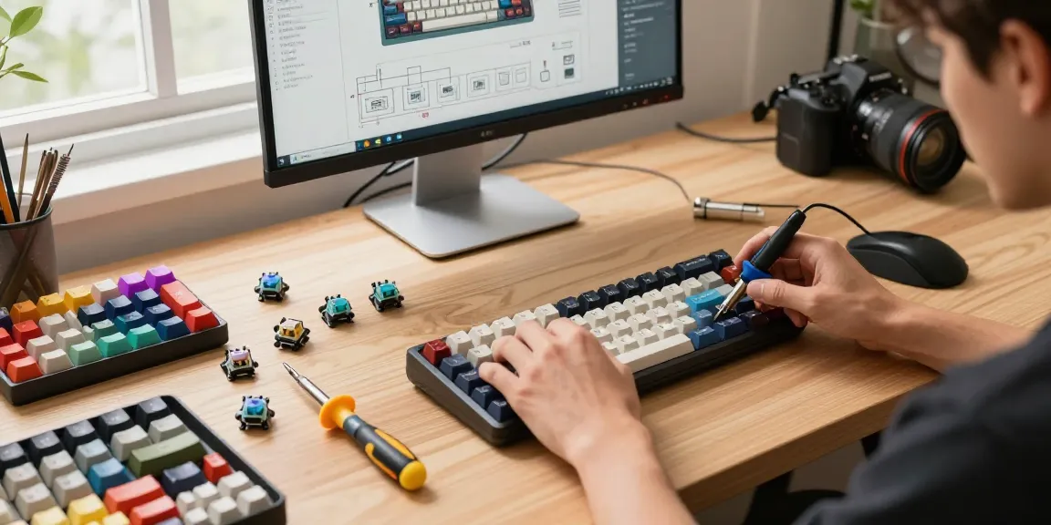MCHOSE Ace 68 keyboard assembly in a creative workshop with colorful keycaps and mechanical switches.