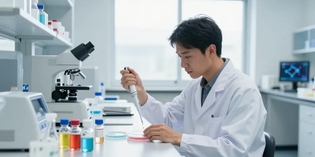 Research peptides being measured in a professional laboratory setting.