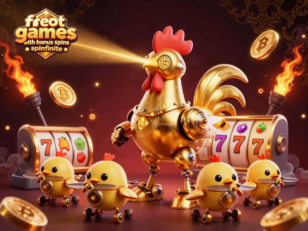 Play free slot games with bonus spins spinfinite featuring a golden rooster robot and dynamic casino elements.