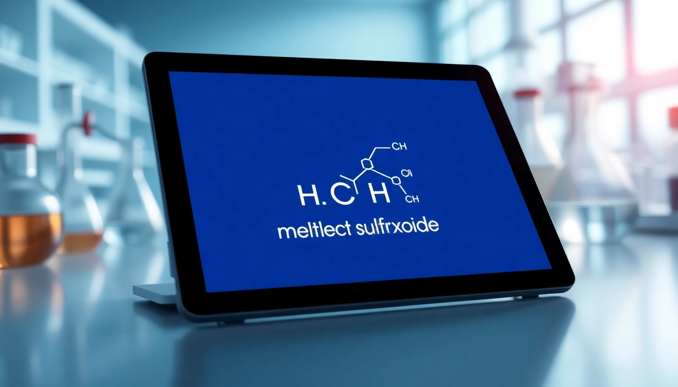 Visual of dimethyl sulfoxide analysis setup in a bright laboratory with digital displays.