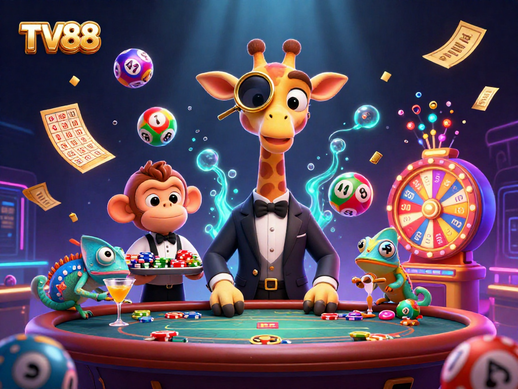Engage with TV88's vibrant 3D casino scene featuring a high-roller giraffe and dynamic game elements.