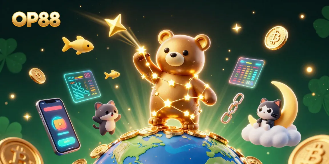 Win big at OP88 with glowing crypto coins and vibrant casino elements in an enchanting 3D scene.
