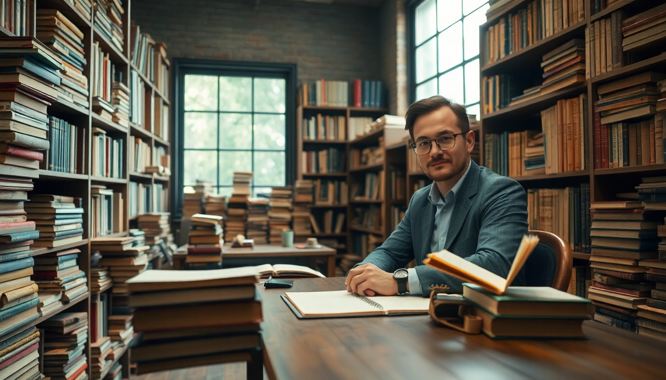 Author demonstrating how to publish book in india at a cozy desk surrounded by books.