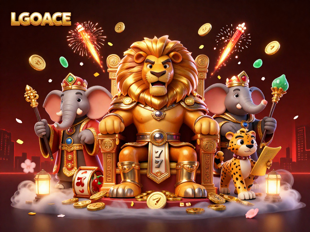 LGOACE showcases a fierce lion king seated on gold coins, symbolizing riches in a dynamic casino scene.