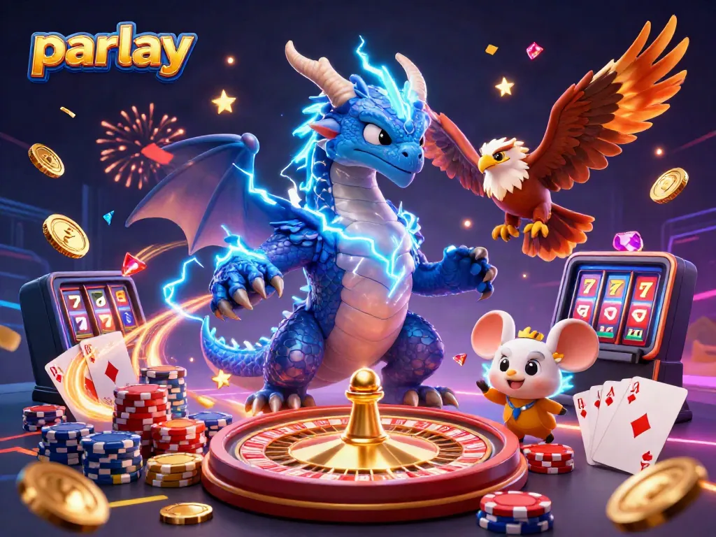 Experience parlay betting excitement with dynamic 3D illustrations of vivid characters and casino elements.
