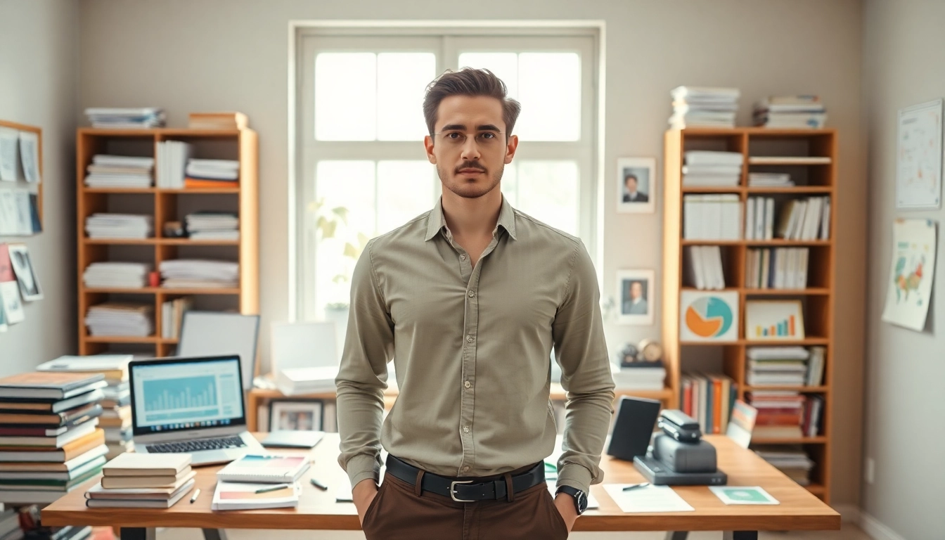 Learn how to find my perfect career with a focused individual amidst career resources in a bright office setting.