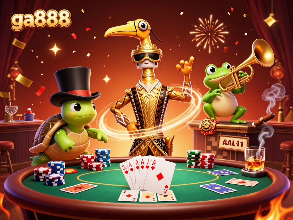 Experience the excitement of ga888 with vibrant characters and poker elements in a dazzling casino scene.