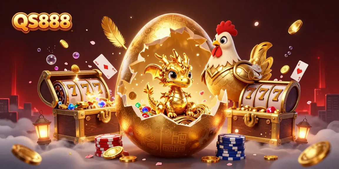 Experience the thrill of QS888 with a golden dragon surrounded by dynamic casino elements.