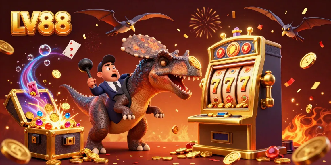 Experience LV88's thrilling jackpot action with a pachycephalosaurus headbutting a golden slot machine!