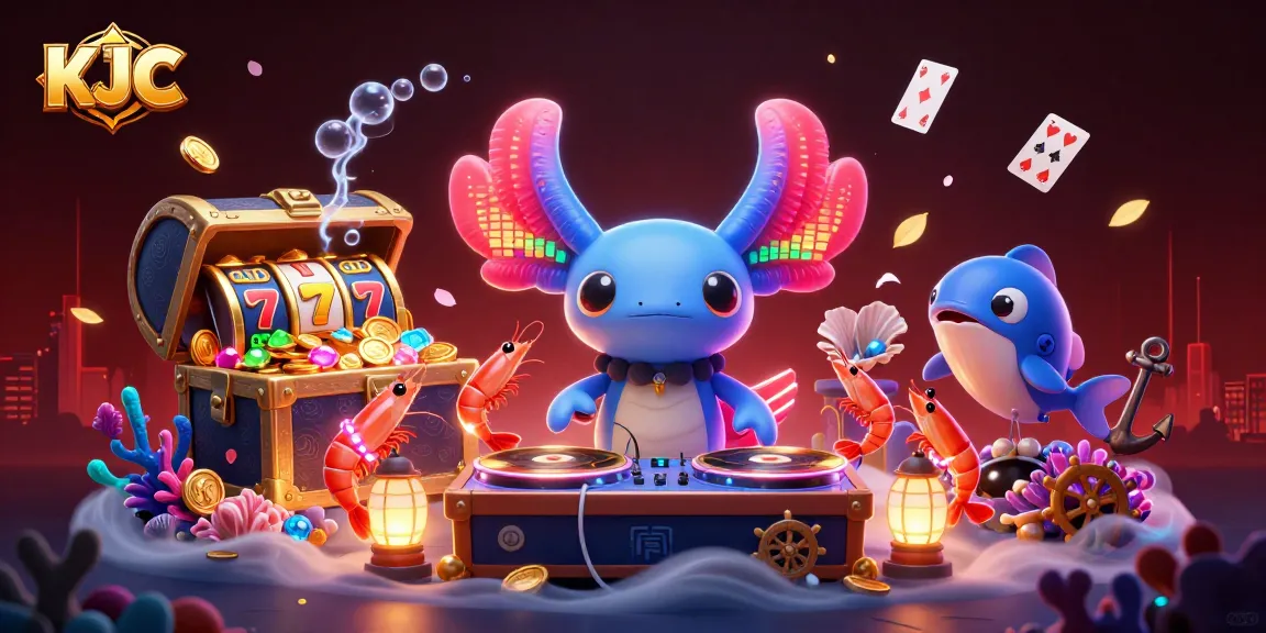 KJC enhances gaming excitement as the lively axolotl DJ spins golden records amid slots and marine life.