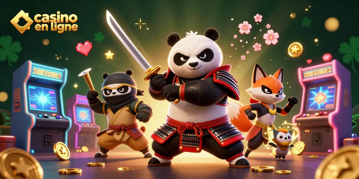 Vivez l'excitation des jeux de casino en ligne avec cette illustration illustrant un panda samouraï et un renard ninja.