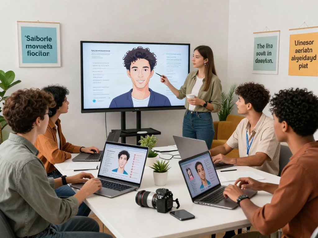 Group discussing how to test attractiveness using AI in a modern office setting.