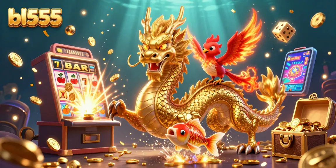 Experience exciting gameplay at bl555 with a vibrant 3D illustration of a dragon, phoenix, and koi fish.