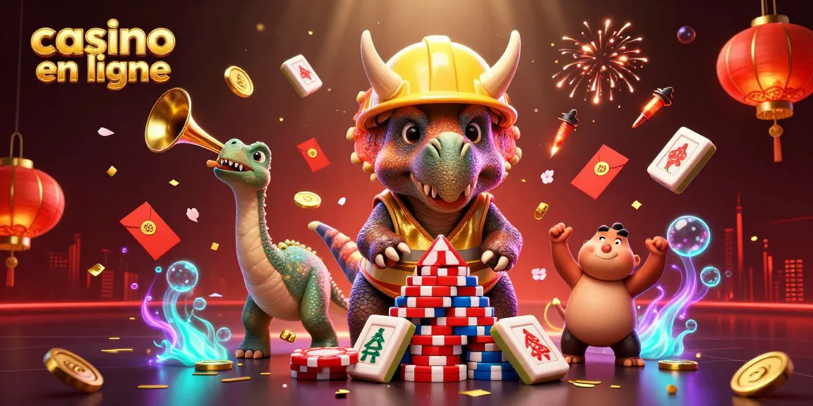 Les joueurs explorent un casino en ligne dynamique, avec un triceratops et des éléments festifs.