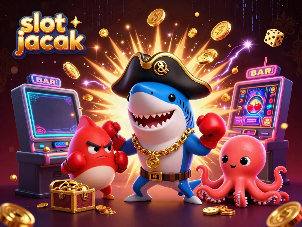 Experience the thrill of slot jackpot excitement with a cartoon pirate shark and friends bursting with coins.