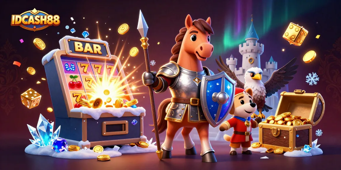Experience thrilling slots and jackpots at IDCASH88, featuring vibrant characters and bursting casino elements.
