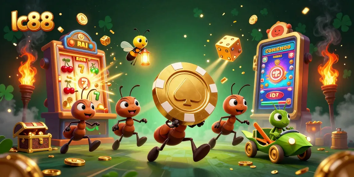 Experience thrilling gaming at lc88 with a team of quirky cartoon ants in a bustling casino scene.