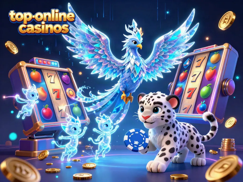 Vibrant scene with 3D cartoon ice phoenix and snow leopard at top online casinos