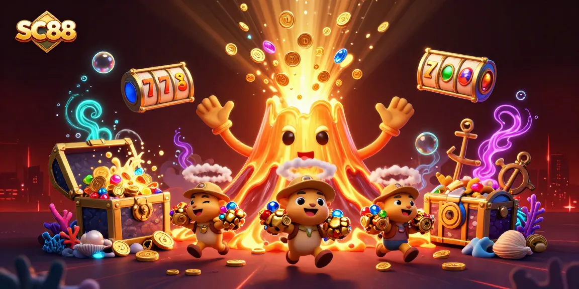 SC88 offers thrilling slot game action with a golden volcano surrounded by treasure, reels, and gems.