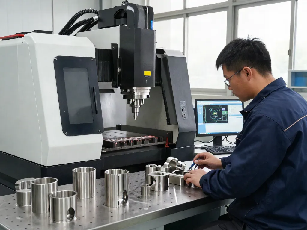 Machined stainless steel parts showcased in a professional CNC milling workshop, highlighting precision engineering.