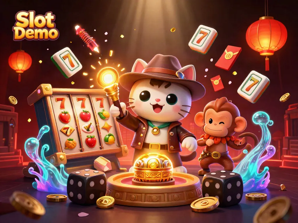 Engage in Slot Demo action as an explorer cat uncovers riches with dynamic reels and festive elements.