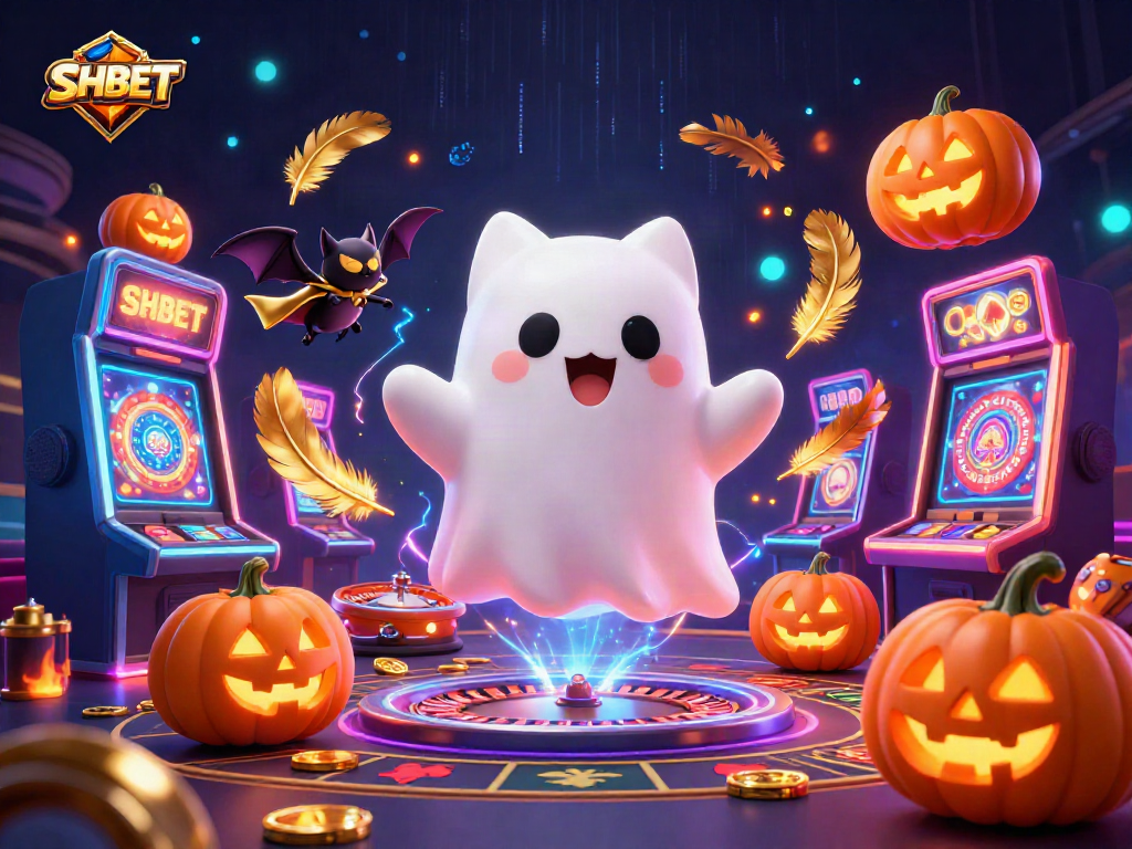 Engage in SHBET's thrilling casino atmosphere with a floating ghost cat and vampire bat.