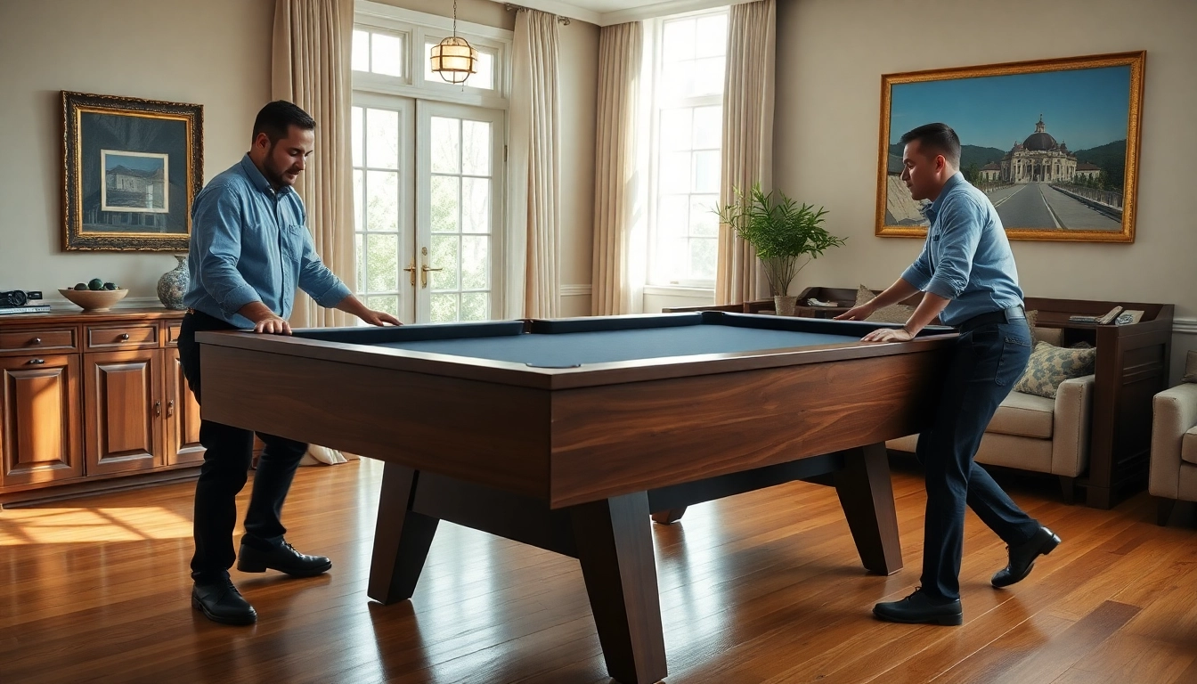 Experienced pool table movers dallas relocating a slate pool table in a residential space.