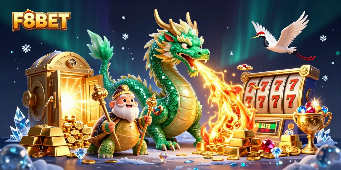 Spin the reels of fortune with F8BET's spectacular dragon and treasure-themed casino illustration.