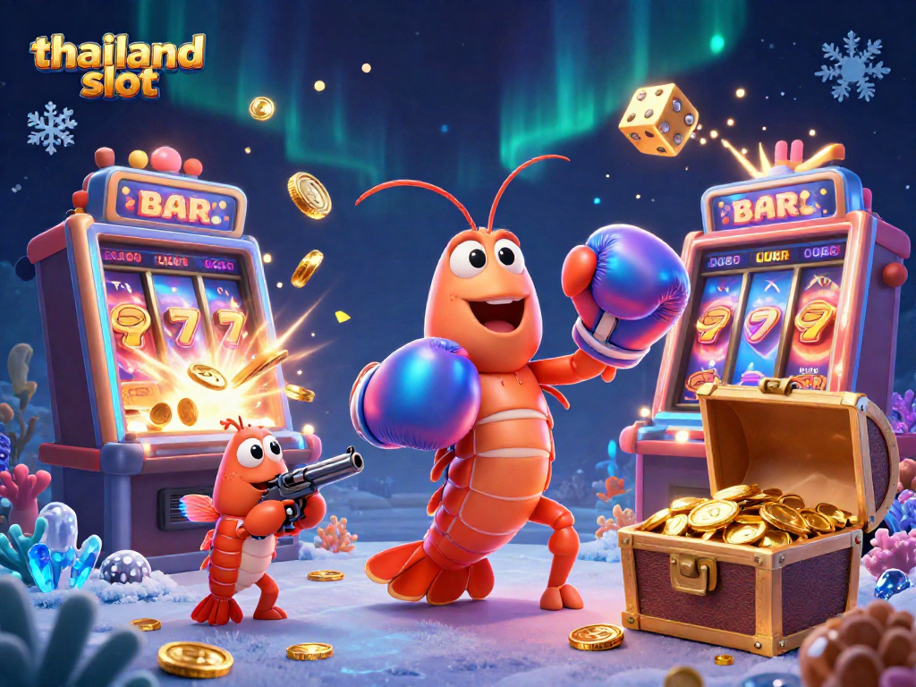 Experience the thrill of thailand slot with a vibrant 3D illustration featuring playful shrimp, colorful slot machines, and jackpots.