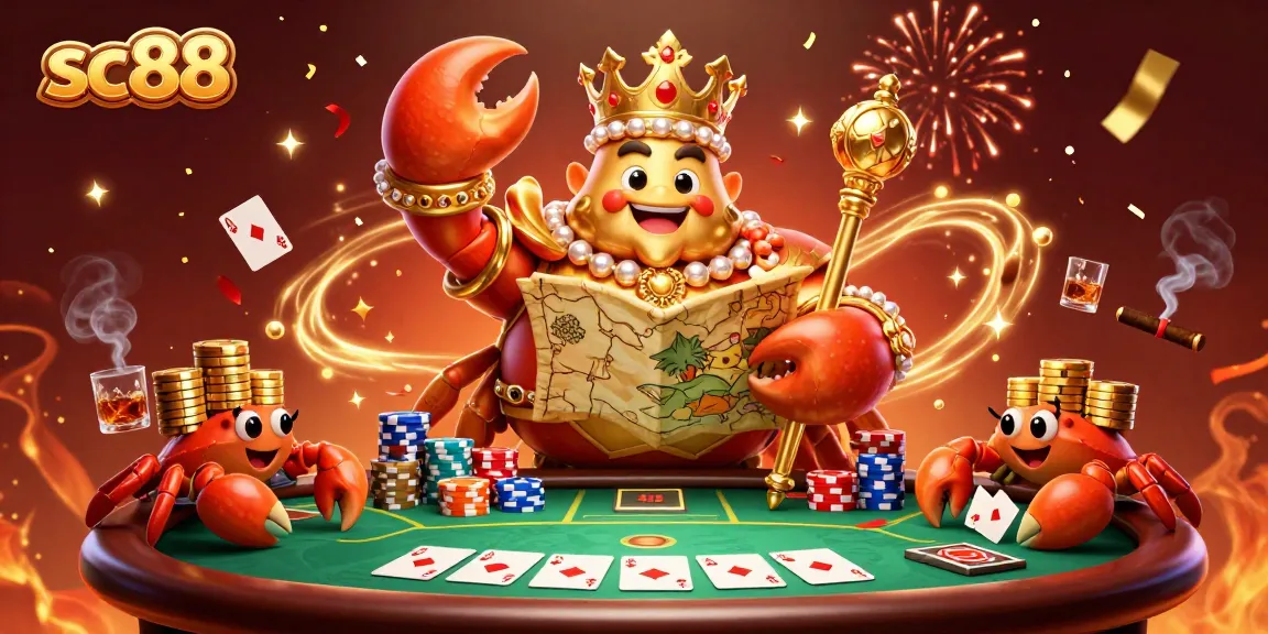 Engage with SC88's thrilling poker scene featuring a lavish crab emperor and dynamic casino elements.