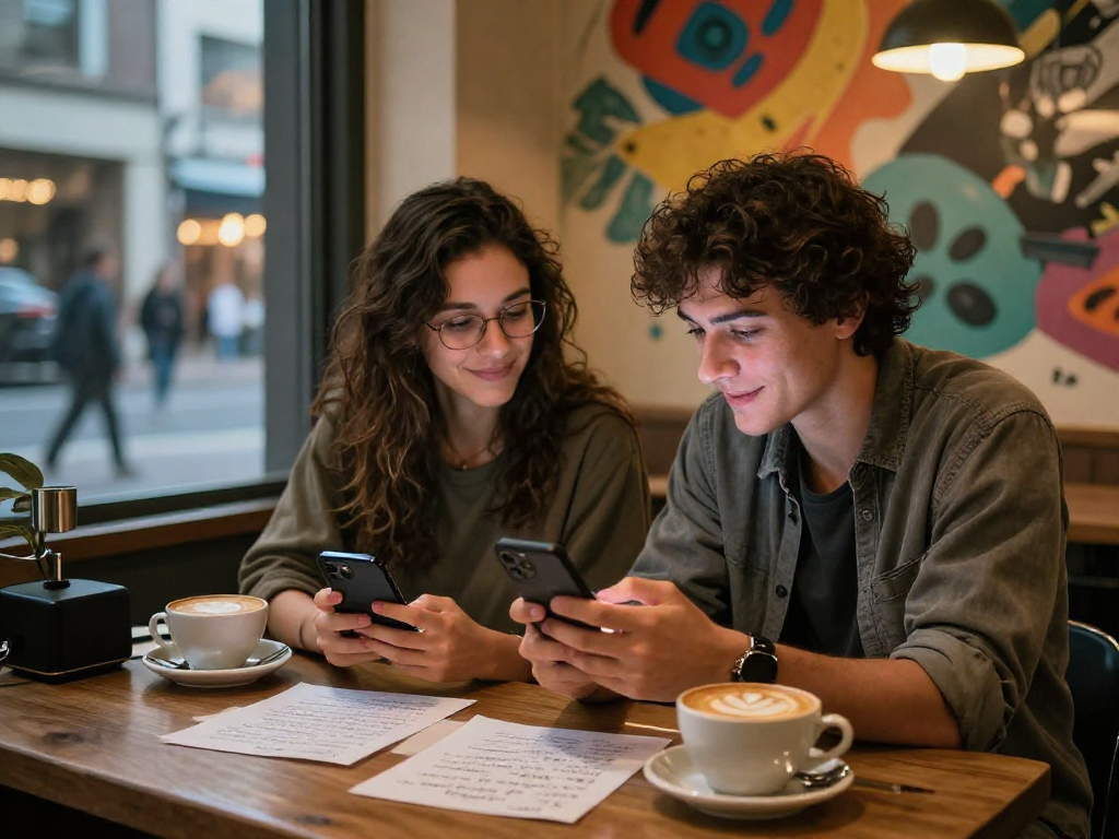 Couple enjoying ai sexting in a cozy coffee shop with warm lighting.