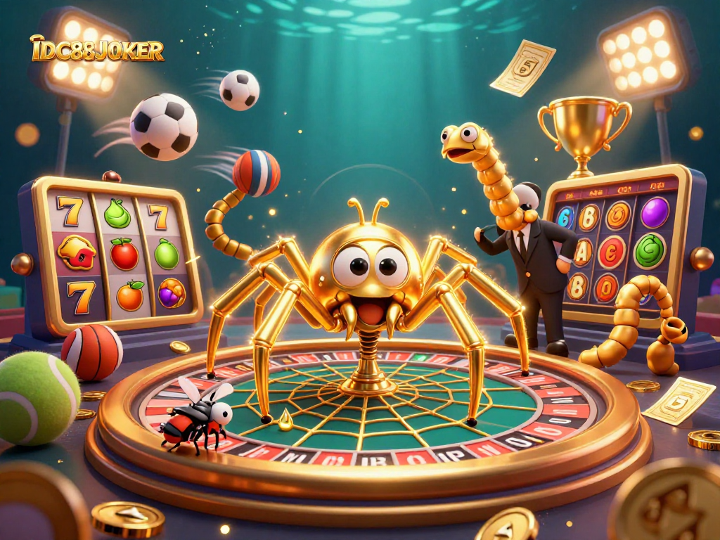 Engage with IDC88JOKER in a bustling casino scene featuring a golden spider and vibrant gaming elements.