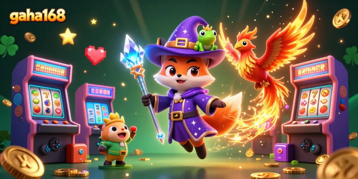 Join gacha168 in a vibrant 3D casino scene with a wizard fox, phoenix, and slot elements.