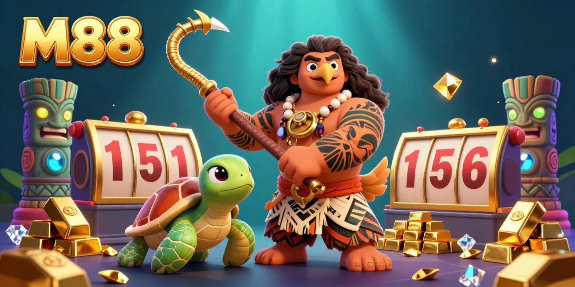 M88 showcases a vibrant scene with a tattooed demigod hawk and turtle, surrounded by gold and casino riches.