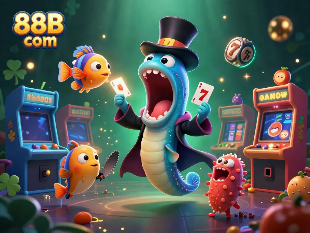 Experience the thrilling magic of 88B com in a vibrant casino scene with animated characters performing tricks.