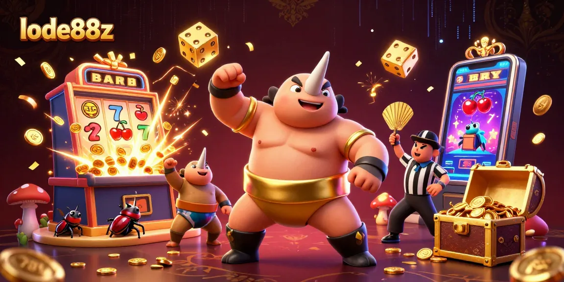 Experience the excitement of lode88z with a vibrant 3D casino scene featuring a sumo champion and dynamic slots.