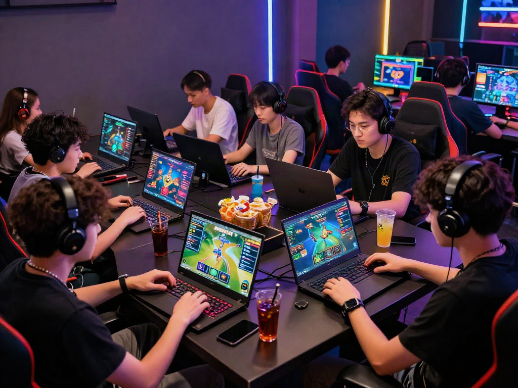 Participants intensely engaged in a KEBUNTOTO online gaming session within a vibrant gaming lounge.