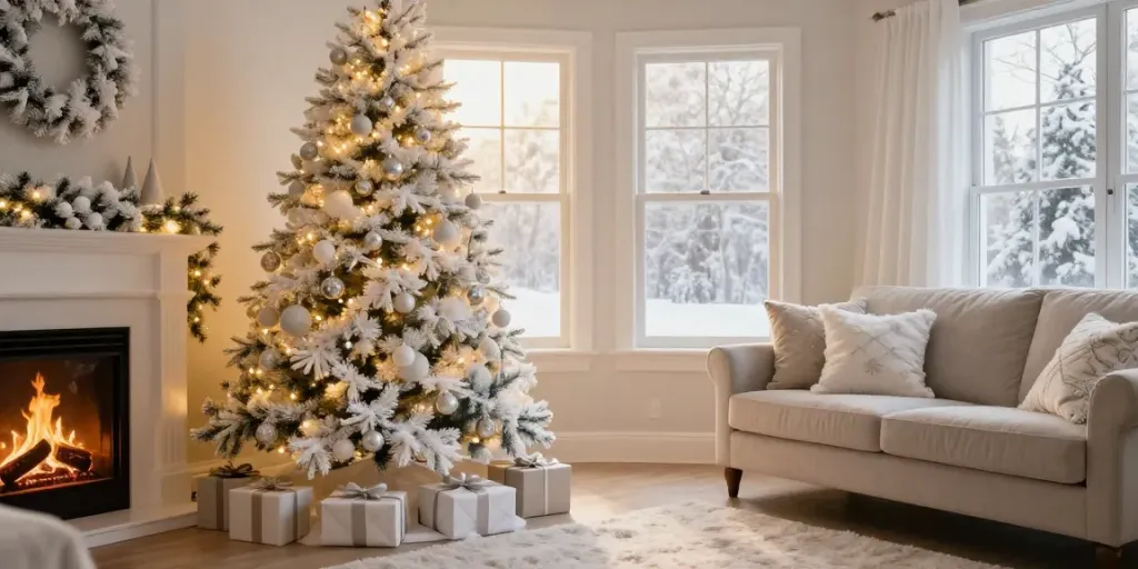 Elegant white Christmas tree adorned with silver ornaments in a cozy living room setting.
