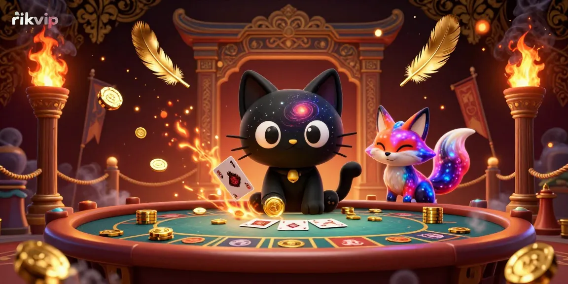 rikvip spins colorful galaxy-themed slots with a cosmic cat and vibrant fox companion.