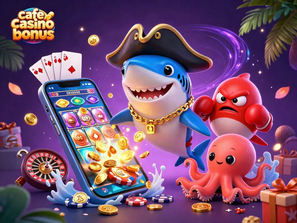 Engage with exciting cafe casino bonuses through a lively scene featuring a pirate shark and friends.