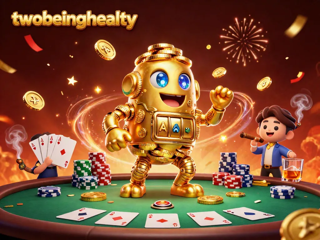 Engaging 3D illustration featuring the twobeinghealty golden golem surrounded by poker elements and dynamic casino action.